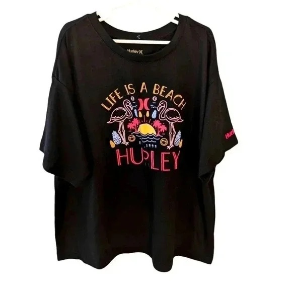 Hurley Tops - Hurley Black Graphic Tee with Neon Beach Icons